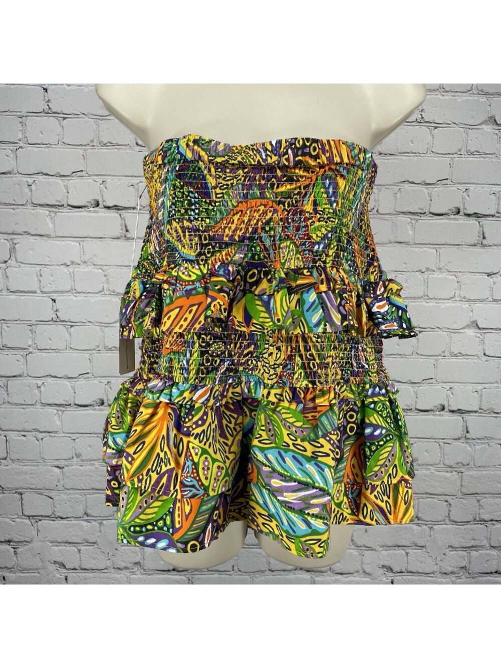 NWD Truly 4 You Colorful Leaf Print Smocked Ruffle Strapless Top Size Large L
